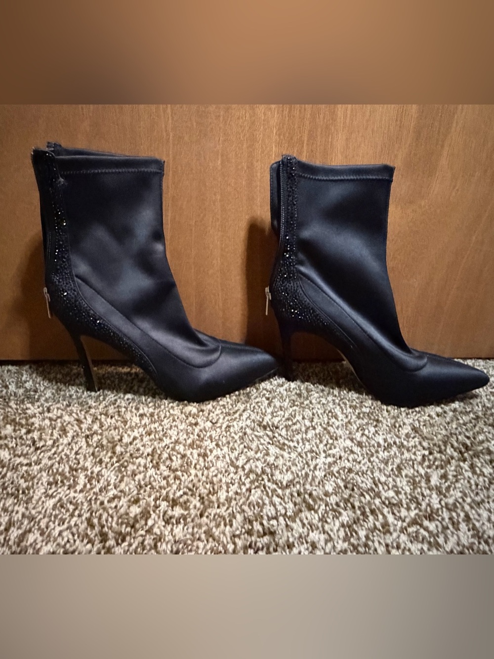 Black Satin Pointed-Toe Embellished Ankle Boots